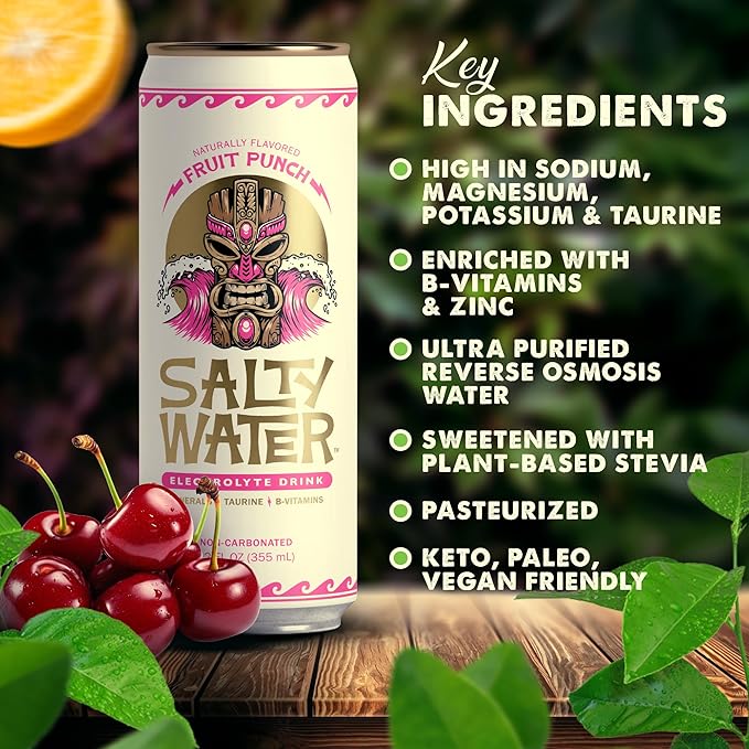 SaltyWater Electrolyte Drink, Fruit Punch – Zero Sugar Premium Hydration Drink, 10 Calories, Minerals, Taurine, B-Vitamins, Non-Carbonated - Zero Caffeine Electrolyte Sports Drink - Keto, Paleo, Vegan - 12 Pack (12 oz)