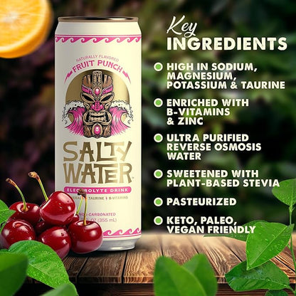 SaltyWater Electrolyte Drink, Fruit Punch – Zero Sugar Premium Hydration Drink, 10 Calories, Minerals, Taurine, B-Vitamins, Non-Carbonated - Zero Caffeine Electrolyte Sports Drink - Keto, Paleo, Vegan - 12 Pack (12 oz)