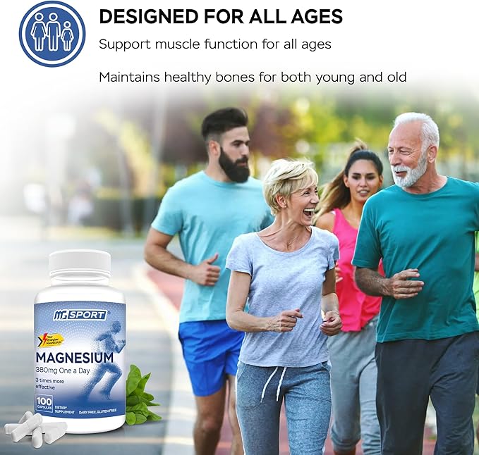 Magnesium Supplement Complex MGSPORT - High Absorption Supplement with Vitamins B6, D, E - Relieves Leg Cramps & Muscle Support - 100 Servings