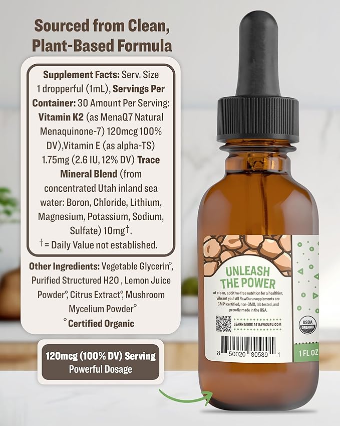 RawGuru Vitamin K2 Supplement - Organic Vegan Vitamin K2 MK7 with Trace Minerals - Nano-Processed Antioxidant & Immune Support Supplement Tincture - 30 Servings of Vegan Drops per 30 ml, Pack of 1