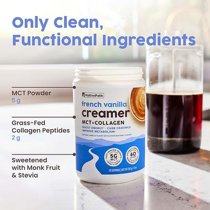 NativePath Keto Coffee Creamer Powder French Vanilla — Keto-Friendly, Non-Dairy & Low Sugar Creamer. Made with Grass-fed Collagen Protein Powder, MCT Oil & Monk Fruit. Soy & Gluten Free (7.1 OZ)