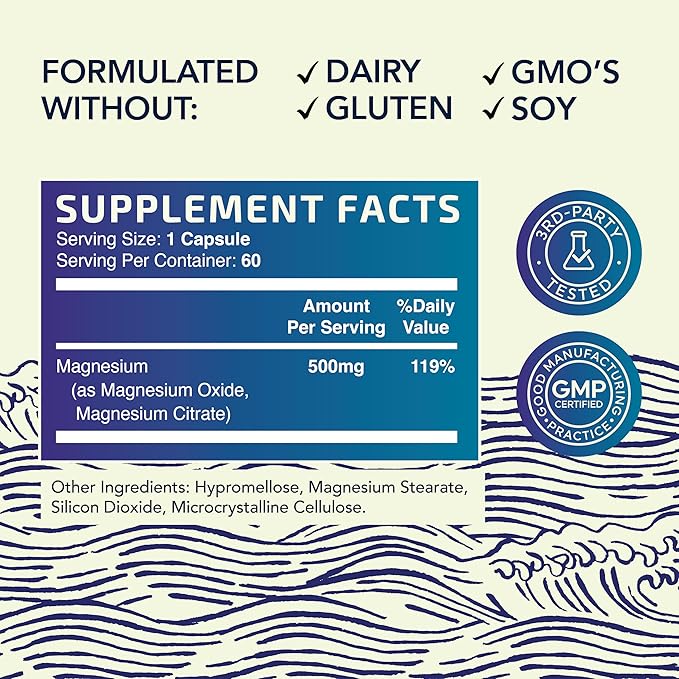 Magnesium Citrate Complex 500 MG for Calm, Relaxation, Constipation & Digestion Support | High Absorption Magnesium Supplement with Elemental Mag Oxide | Non-GMO, Soy-Free | 60 Ct (2 Month Supply)