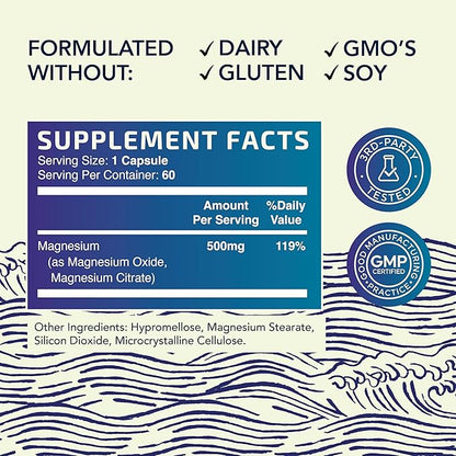 Magnesium Citrate Complex 500 MG for Calm, Relaxation, Constipation & Digestion Support | High Absorption Magnesium Supplement with Elemental Mag Oxide | Non-GMO, Soy-Free | 60 Ct (2 Month Supply)