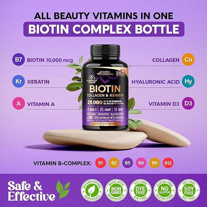Biotin | Collagen | Keratin - 25,000 mcg B2, B3, B3, B6 B6 & B7 - 120 Capsules, 2 Capsules