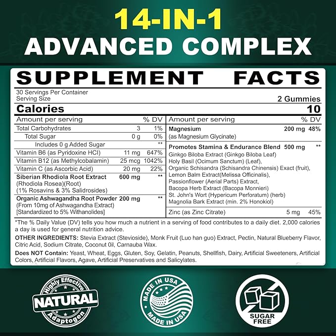 Sugar Free Rhodiola Rosea 600mg Ashwagandha 200mg Magnesium 200mg, Energy 500mg with