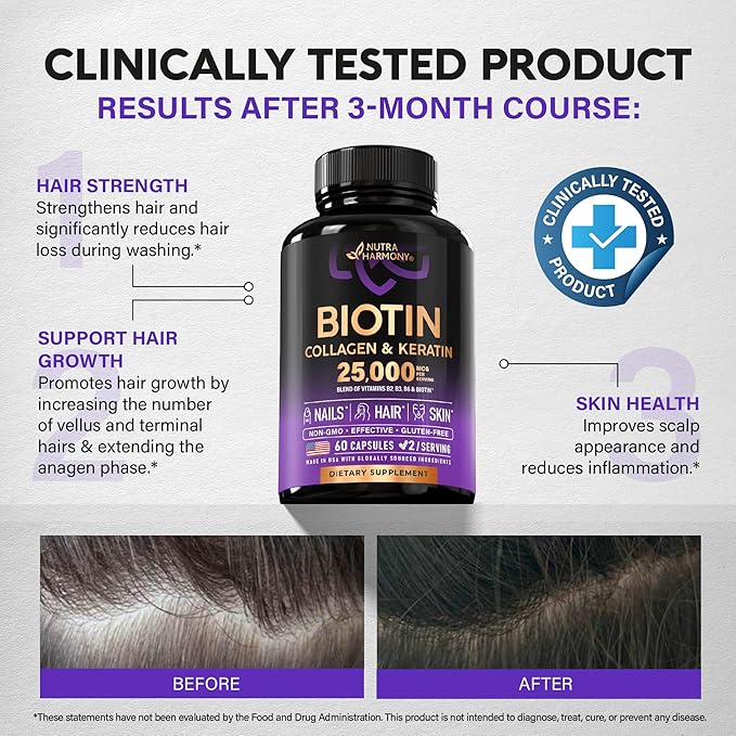 Biotin | Collagen | Keratin - 25,000 mcg B2, B3, B3, B6 B6 & B7 - 60 Capsules, 2 Capsules