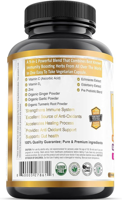 9-in-1 Immune Support Vitamin C (1000mg), D3 (5000 (5000 IU), Zinc(22mg) with (120 caps 2 month