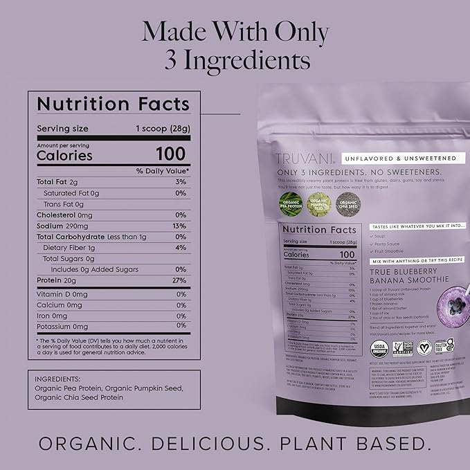 Truvani Vegan Pea Protein Powder | Unflavored | 20g Organic Plant Based Protein | 10 Servings | Keto | Gluten & Dairy Free | Low Carb | No Added Sugar