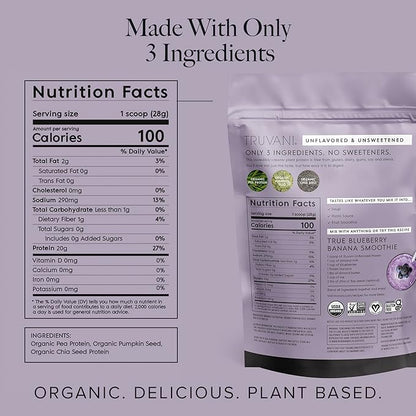 Truvani Vegan Pea Protein Powder | Unflavored | 20g Organic Plant Based Protein | 1 Serving | Keto | Gluten & Dairy Free | Low Carb | No Added Sugar
