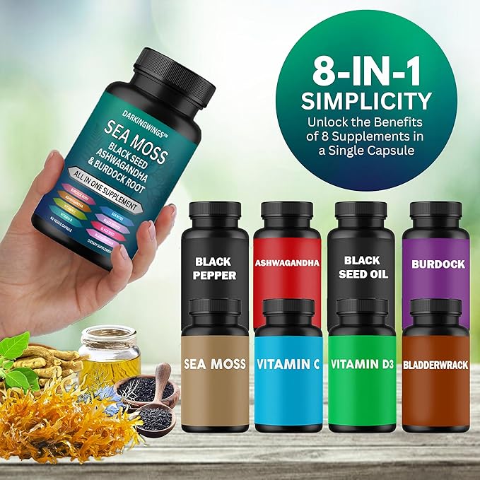 Sea Moss Advanced - Irish Sea Moss 3000mg Black Seed Oil 2000mg Ashwagandha 1000mg Bladderwrack 1000mg Burdock 1000mg Vitamins C&D - Sea Moss Overall Health, Immunity Support, 60 Sea Moss Capsules