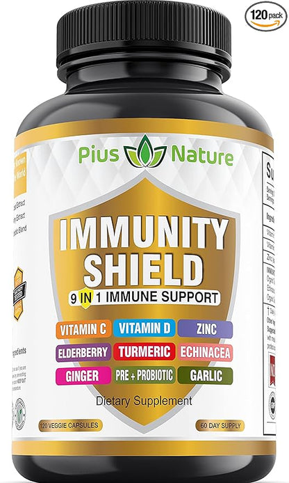 9-in-1 Immune Support Vitamin C (1000mg), D3 (5000 (5000 IU), Zinc(22mg) with (120 caps 2 month
