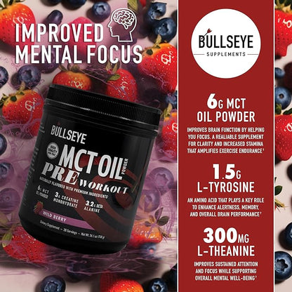 Bullseye MCT Oil Pre Workout Supplement - Creatine Monohydrate, Medium Chain Triglycerides, Beta Alanine, Caffeine, L-Citrulline, Muscle Gainer, Focus, Endurance, Energy -20 Servings - Wild Berry