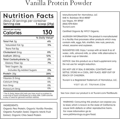 Truvani Pea Protein Powder, Vanilla, 20.9oz, 1pk, 20 20 Servings