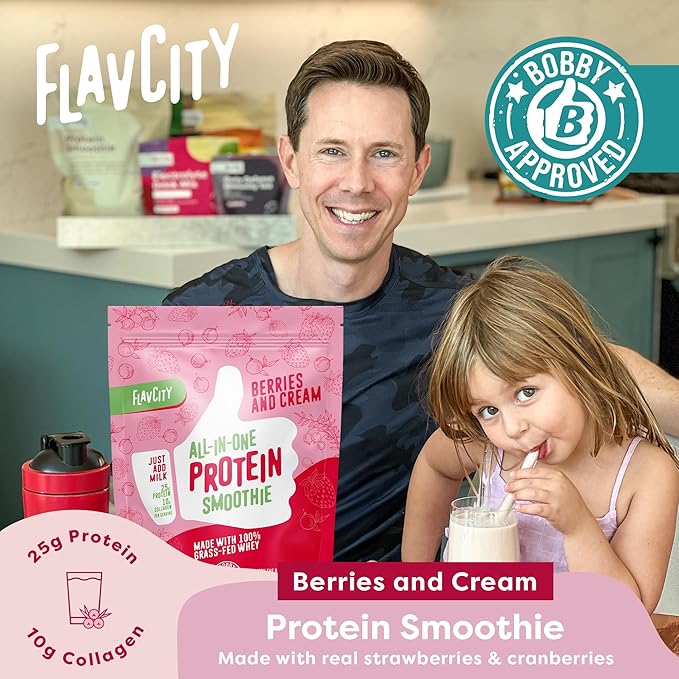 FlavCity Protein Powder Smoothie, Berries & Cream - 100% Grass-Fed Whey with Collagen (25g of Protein) - Gluten Free & No Added Sugars (38.73 oz)