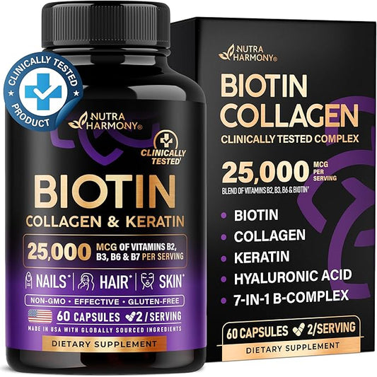 Biotin | Collagen | Keratin - 25,000 mcg B2, B3, B3, B6 B6 & B7 - 60 Capsules, 2 Capsules