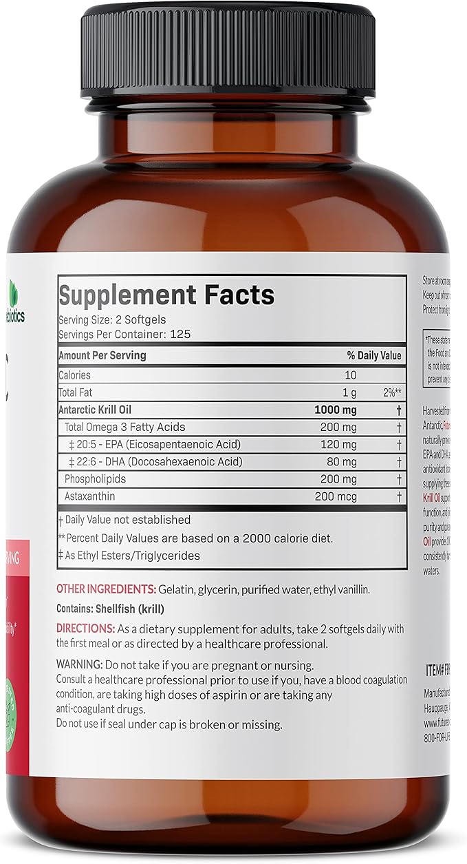 Futurebiotics Antarctic Krill Oil 1000mg Omega-3s EPA, 100% Pure 250 Softgels (125 Servings)