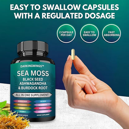 Sea Moss Advanced - Irish Sea Moss 3000mg Black Seed Oil 2000mg Ashwagandha 1000mg Bladderwrack 1000mg Burdock 1000mg Vitamins C&D - Sea Moss Overall Health, Immunity Support, 60 Sea Moss Capsules