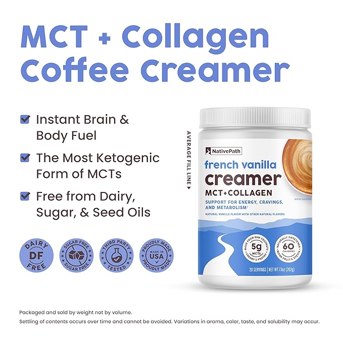 NativePath Keto Coffee Creamer Powder French Vanilla — Keto-Friendly, Non-Dairy & Low Sugar Creamer. Made with Grass-fed Collagen Protein Powder, MCT Oil & Monk Fruit. Soy & Gluten Free (7.1 OZ)