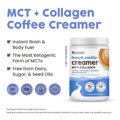 NativePath Keto Coffee Creamer Powder French Vanilla — Keto-Friendly, Non-Dairy & Low Sugar Creamer. Made with Grass-fed Collagen Protein Powder, MCT Oil & Monk Fruit. Soy & Gluten Free (7.1 OZ)
