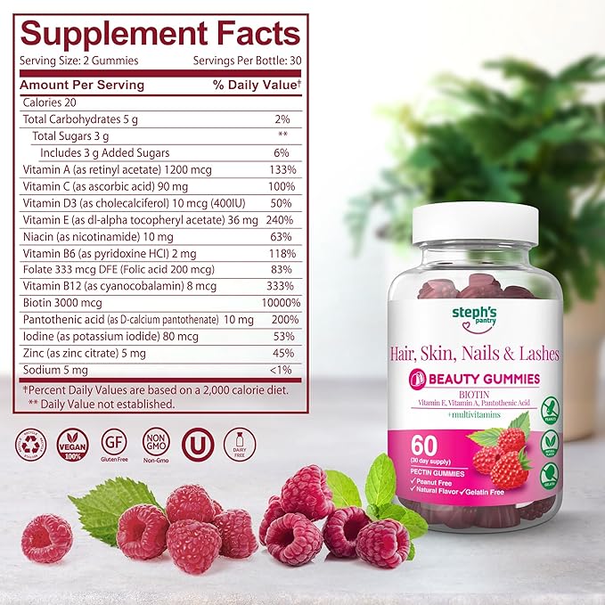 Steph's Pantry Biotin Gummies for Hair, Skin, Nails, & Lashes High Strength Gummies | Daily Multivitamins | Gluten-Free, Nut-Free, Non-GMO, Plant-Based, Vegan, Kosher (120 Gummies)