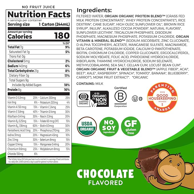 Orgain Organic Kids Nutritional Protein Shake, 8g Dairy 3g Fiber, 22 Vitamins 8.25 Fl (4 Pack)