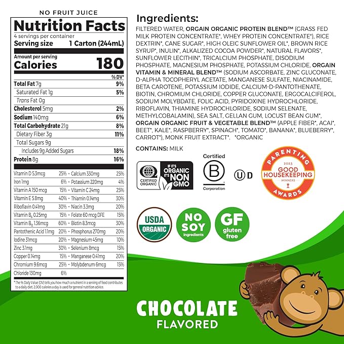 Orgain Organic Kids Nutritional Protein Shake, 8g Dairy 3g Fiber, 22 Vitamins 8.25 Fl 12)