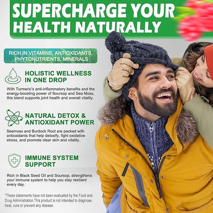 Sea Moss Black Seed Oil Soursop Liquid Drops with Bladderwrack Burdock Root Turmeric - Multimineral & Vitamins Superfood Drops Organic Non-GMO for Immune & Digestive & Cell Support Skin Hair