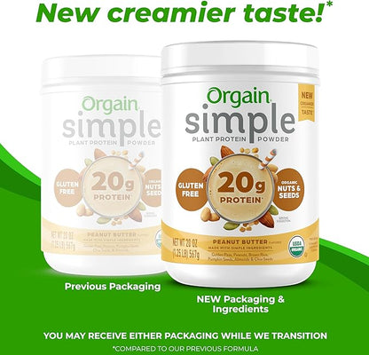 Orgain Organic Simple Vegan Protein Powder, Peanut Butter - 20g Plant Based Protein, With less Ingredients, No Artificial Sweeteners, Gluten Free, No Lactose Ingredients, 1.25 lb (Packaging May Vary)