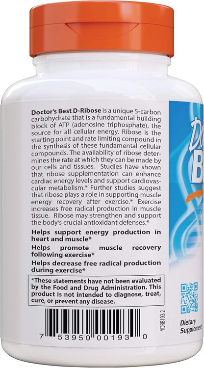 Doctor's Best D-Ribose with Bioenergy Ribose, Vegan, Energy Enhancement, 120 Veggie Caps, White