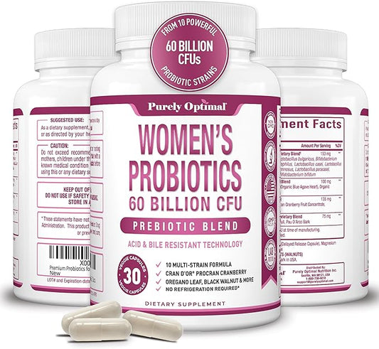 Purely Optimal Women's Probiotic Supplement - 60 Billion CFU with Prebiotics, 10 Strains Including Lactobacillus & Bifidobacterium, Digestive & Vaginal Health Support, UTI Defense - 30 Capsules