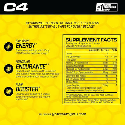 Cellucor C4 Original Pre Workout Powder Grape Sugar Free Preworkout Energy for Men & Women 150mg Caffeine + Beta Alanine + Creatine - 30 Servings (Packaging May Vary)