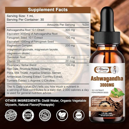 2 Pack Ashwagandha Supplement Liquid Drops 3000mg with VitaminD3,Fenugreek Seeds，Magnesium