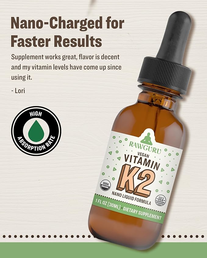 RawGuru Vitamin K2 Supplement - Organic Vegan Vitamin K2 MK7 with Trace Minerals - Nano-Processed Antioxidant & Immune Support Supplement Tincture - 30 Servings of Vegan Drops per 30 ml, Pack of 1