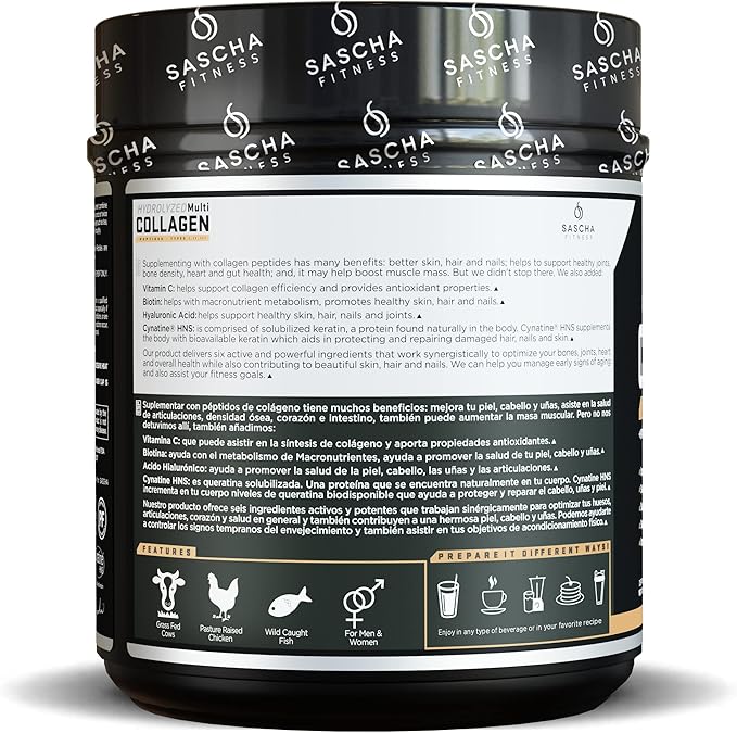 SASCHA FITNESS Hydrolyzed Multi Collagen Peptides 1,2 & 3 |Hyaluronic