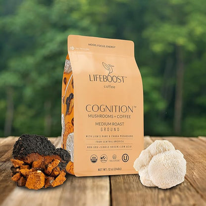 Lifeboost Cognition Adaptogenic Mushroom Coffee - Lions Mane & Chaga Nootropic Coffee - Great Tasting Medium Organic Coffee - Increase Energy, Boost Focus & Immune Support - 12 oz Bag - Ground