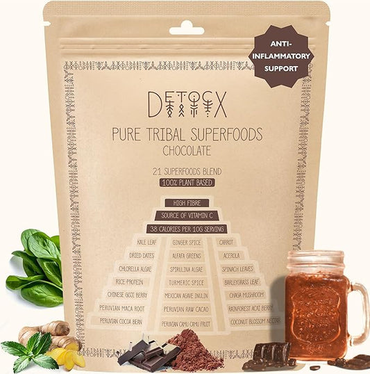 Detocx 21 Supergreens Powder | Chocolate | Energy | Digestion |Superfoods | Organic,Probiotic,Prebiotic,Fibre,Vitamins, Minerals |Gluten&Dairy&Soy Free| Vegan| 30+ Servings/8.82oz