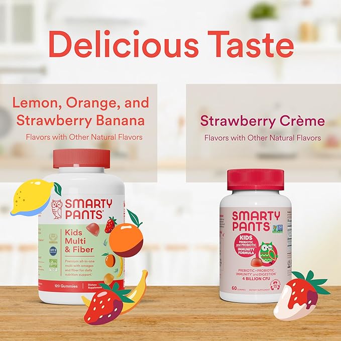 SmartyPants Kids Multivitamin Fiber Supplement Gummies 3 Fish D3, C, B12, B6, B6, Digestive (30 Day