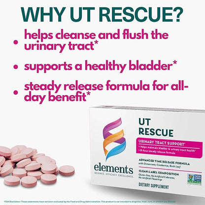Elements UT Rescue, 60 Tablets (30 Day Supply), Urinary Tract Support Supplement, Bladder and Urinary Tract Health Support and Cleanse, Gluten Free