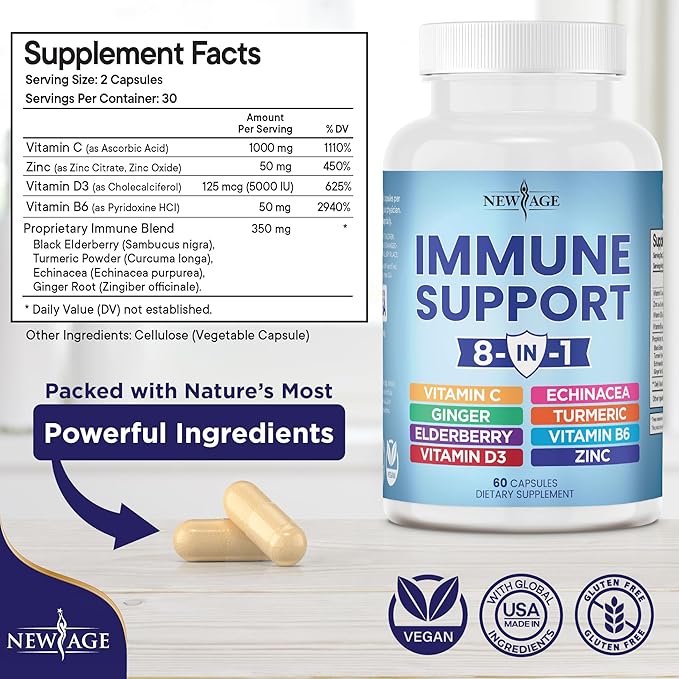 8 in 1 Immune Support Booster 50mg, Vitamin 5000 IU, B6, Elderberry 120 Count 2)