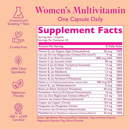 Women's Multivitamin - 19 Targeted Vitamins & Nutrients for Women - Supports Hair, Skin & Nails, Cognitive Health, Focus, & Heart Health - 1 Vegan Capsule Daily, 30 Day Supply