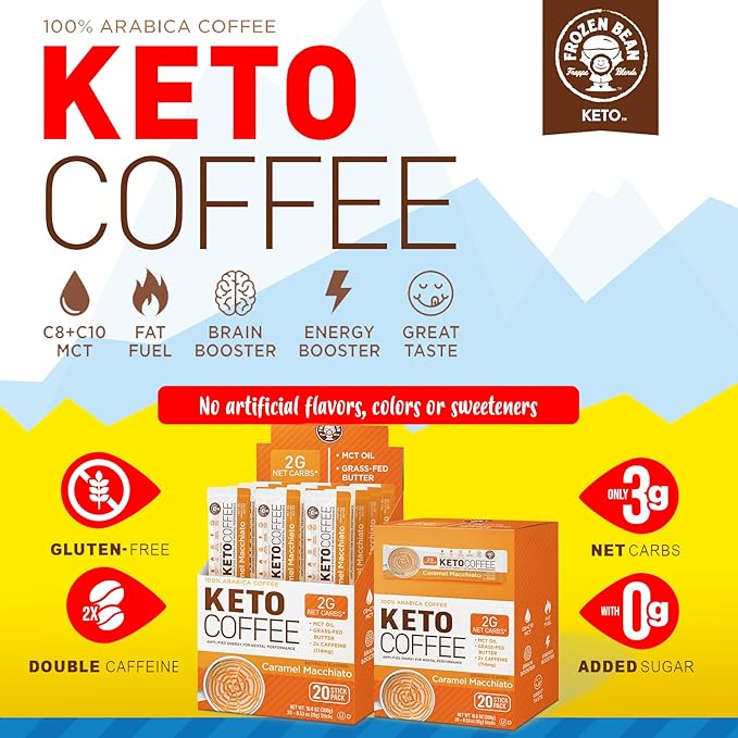 The Frozen Bean - Caramel Macchiato Keto Instant Coffee Mix with Low Sugar, MCT Oils, Improves Focus and Energy, and Increase Metabolism - 20 Single Serve Sticks