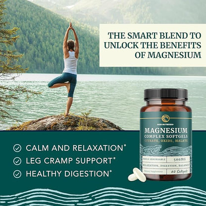 Triple Magnesium Softgels | Citrate, Malate, & Oxide | Highly Absorbable Magnesium Supplement for Digestion, Calm, Leg Cramps, & Sleep Support | 300mg Complex | Easy to Swallow Soft Gels | 60 Count