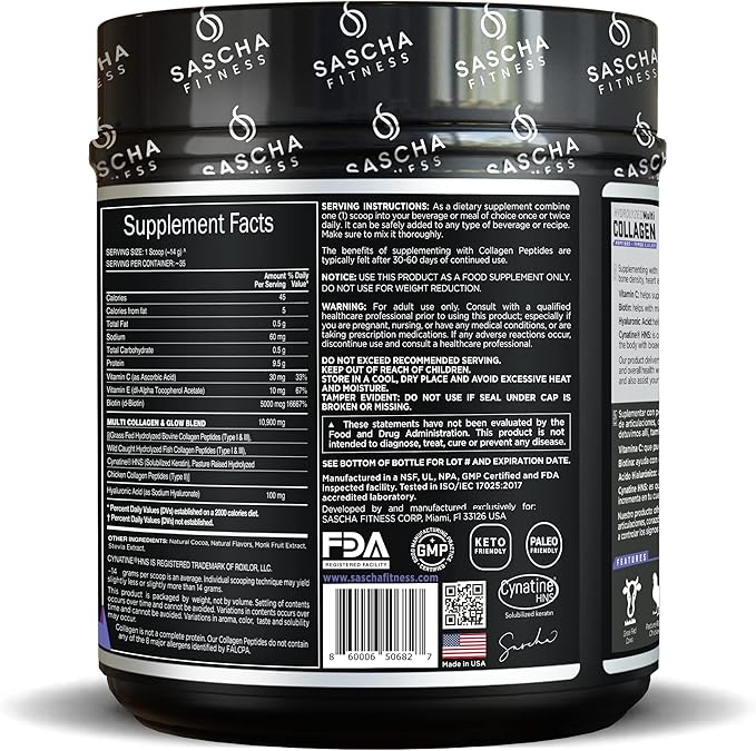 SASCHA FITNESS Hydrolyzed Multi Collagen Peptides 1,2 & 3 |Hyaluronic