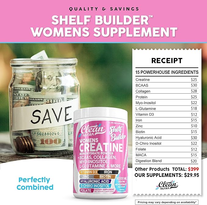 Creatine for Women | Creatine Monohydrate + BCAA Powder Myo-Inositol Collagen Biotin Hyaluronic Acid Folate L Glutamine Vitamin D3 Iron Zinc D-Chiro-Maca Digestion Shelf Builder by Clean Nutra