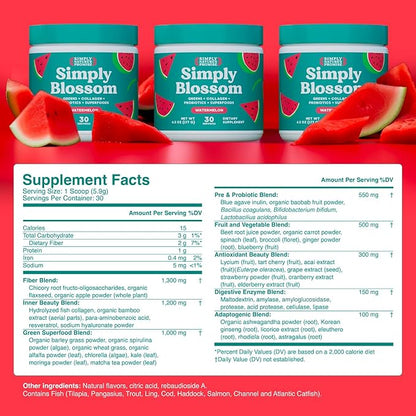 Simply Blossom Nutrition Daily Greens & Superfood Powder + Collagen + Probiotics for Women's Digestive Health & Bloating Relief. Help Your Health Bloom - 30 Day Supply - Watermelon