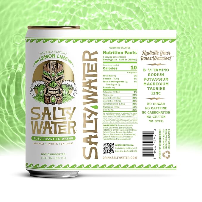 SaltyWater Electrolyte Drink, Lemon Lime – Zero Sugar Premium Hydration Drink, 10 Calories, Minerals, Taurine, B-Vitamins, Non-Carbonated - Zero Caffeine Electrolyte Sports Drink - Keto, Paleo, Vegan - 12 Pack (12 oz)