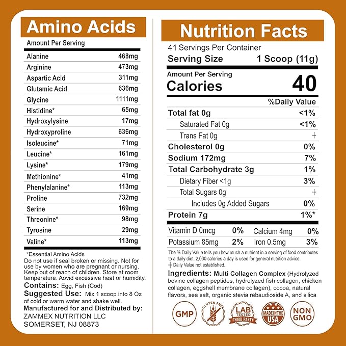 Zammex Multi Collagen Peptides Powder, Type 41 Servings, 1LB