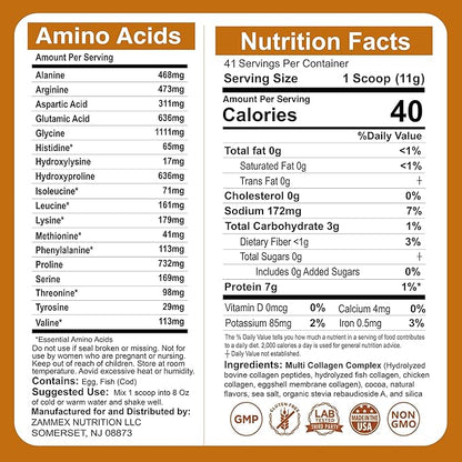 Zammex Multi Collagen Peptides Powder, Type 41 Servings, 1LB