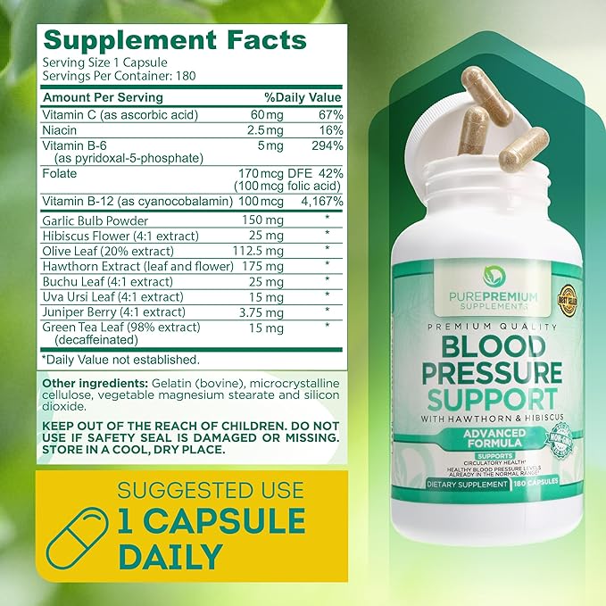 PurePremium Blood Pressure Supplements with Hawthorn B6 - 180 Caps