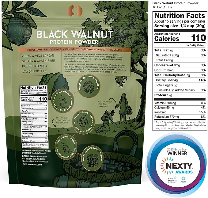 Surthrival: Black Walnut Protein Powder, Wild-Foraged, 17g Protein, 1lb